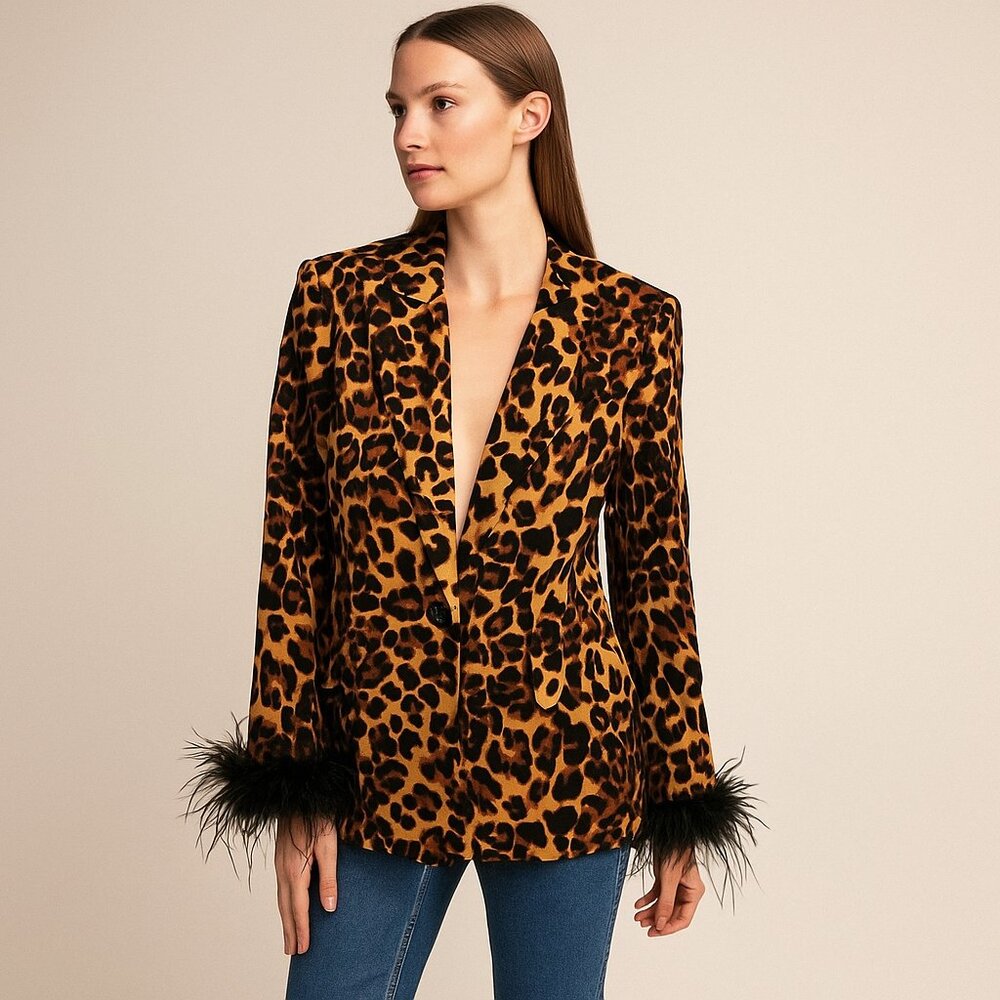 Jodifl NEW Leopard Print Feather Cuff Blazer Jacket Statement Party Style S M L